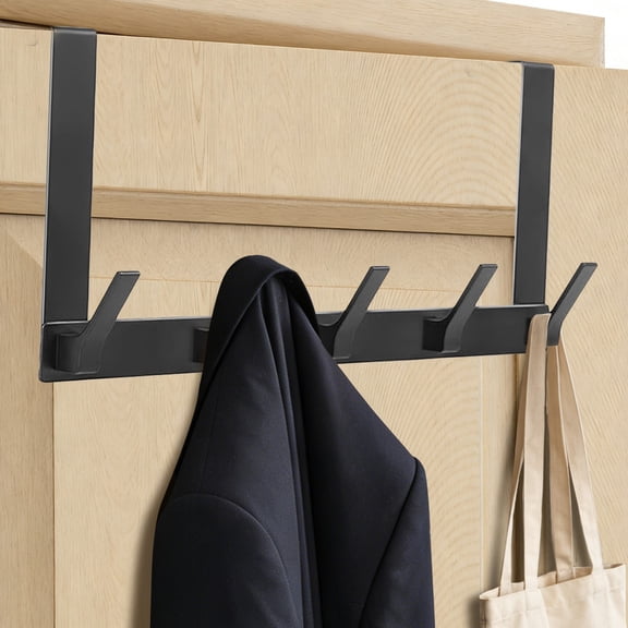 Optish Over The Door Hooks with 5 Coat Hooks, Over The Door Towel Rack Door Hanger Hook for Hanging Clothes, Coats, Towels, Hat 1 Pack Black