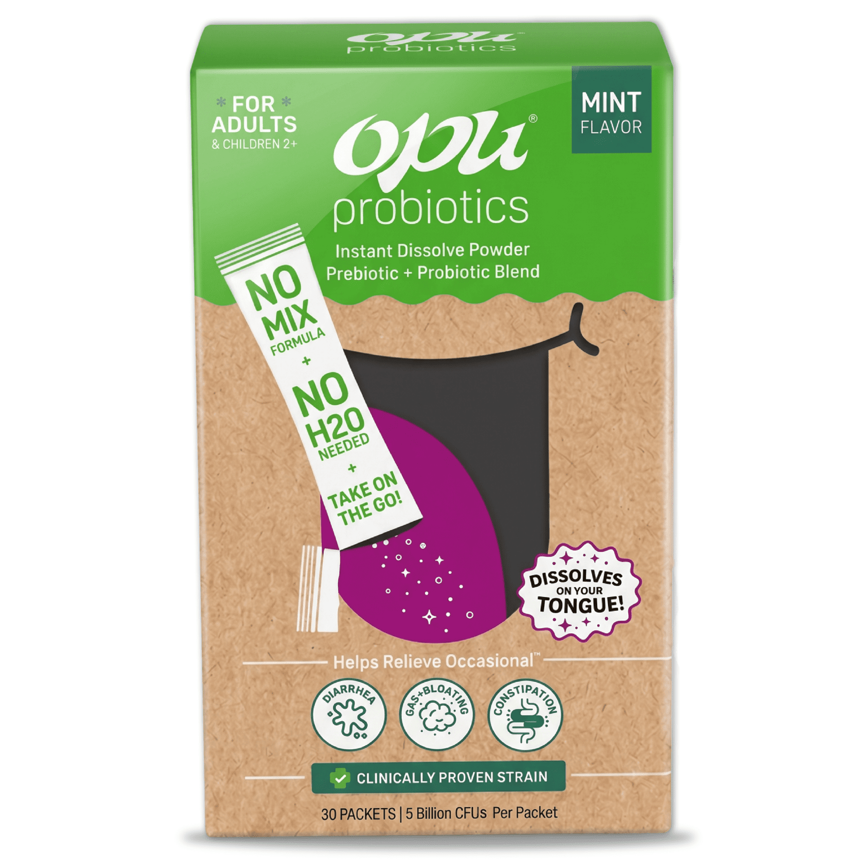 Opu Probiotics Mint Flavor Daily Probiotic Powder, Pour-On-Tongue