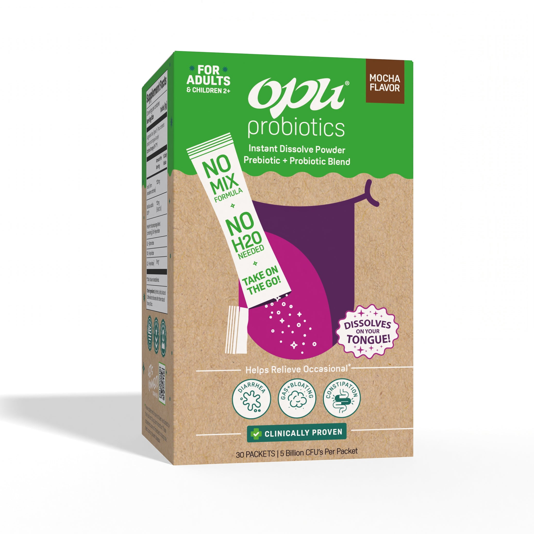 Opu Probiotics Mocha Flavor Daily Probiotic Powder, Pour-On-Tongue Stick Packs, 30 Count