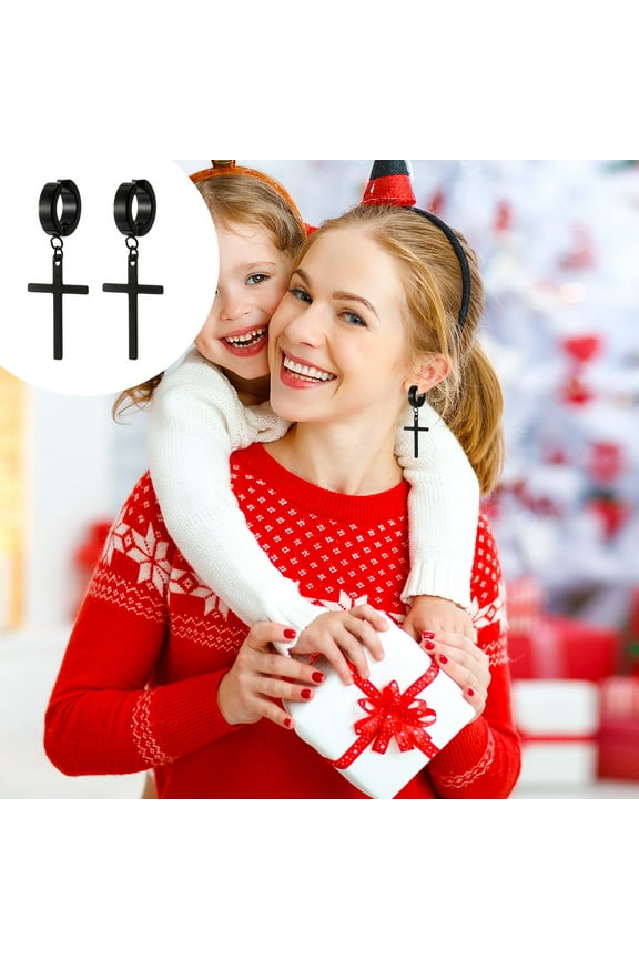 Opuehuo Non-Pierced Clip On Cross Dangle Hoop Earrings Set,No Piercing Ear Plug Jewelry for Easter Christmas,Earrings Buckles for Friends Gift,Christmas New Personalized Earrings Jewelry(Black)