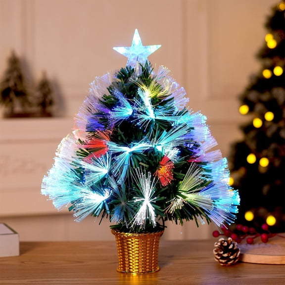 Opuehuo Pre-lit Mini Fiber Optic Artificial Christmas Tree with Lights,USB Powered Small Christmas Trees,Tabletop Small Xmas tree with Stars For Home Office Party Decorations(17.7",A)