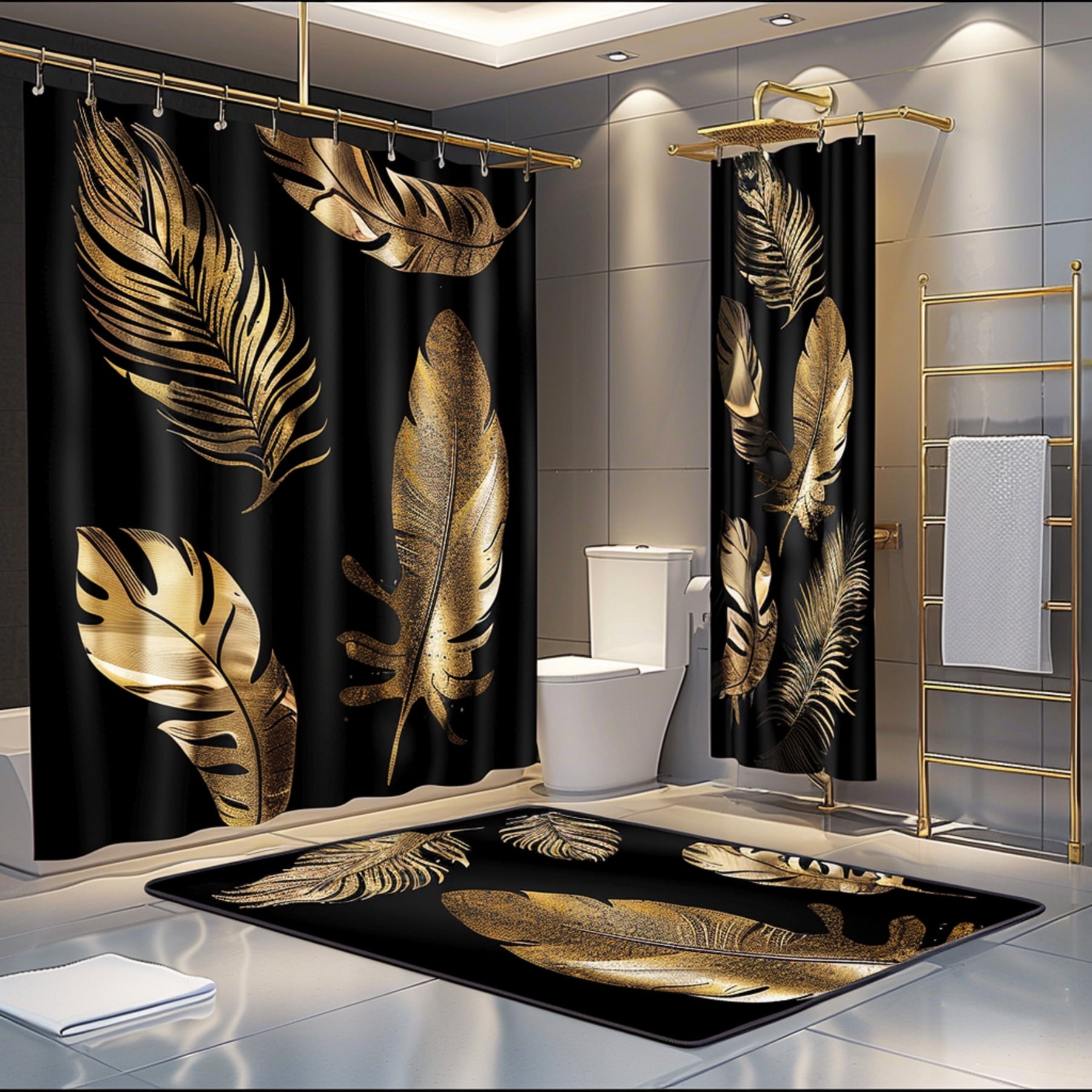 Opulent Black and Gold Bathroom Set with Feather Design and Elegant