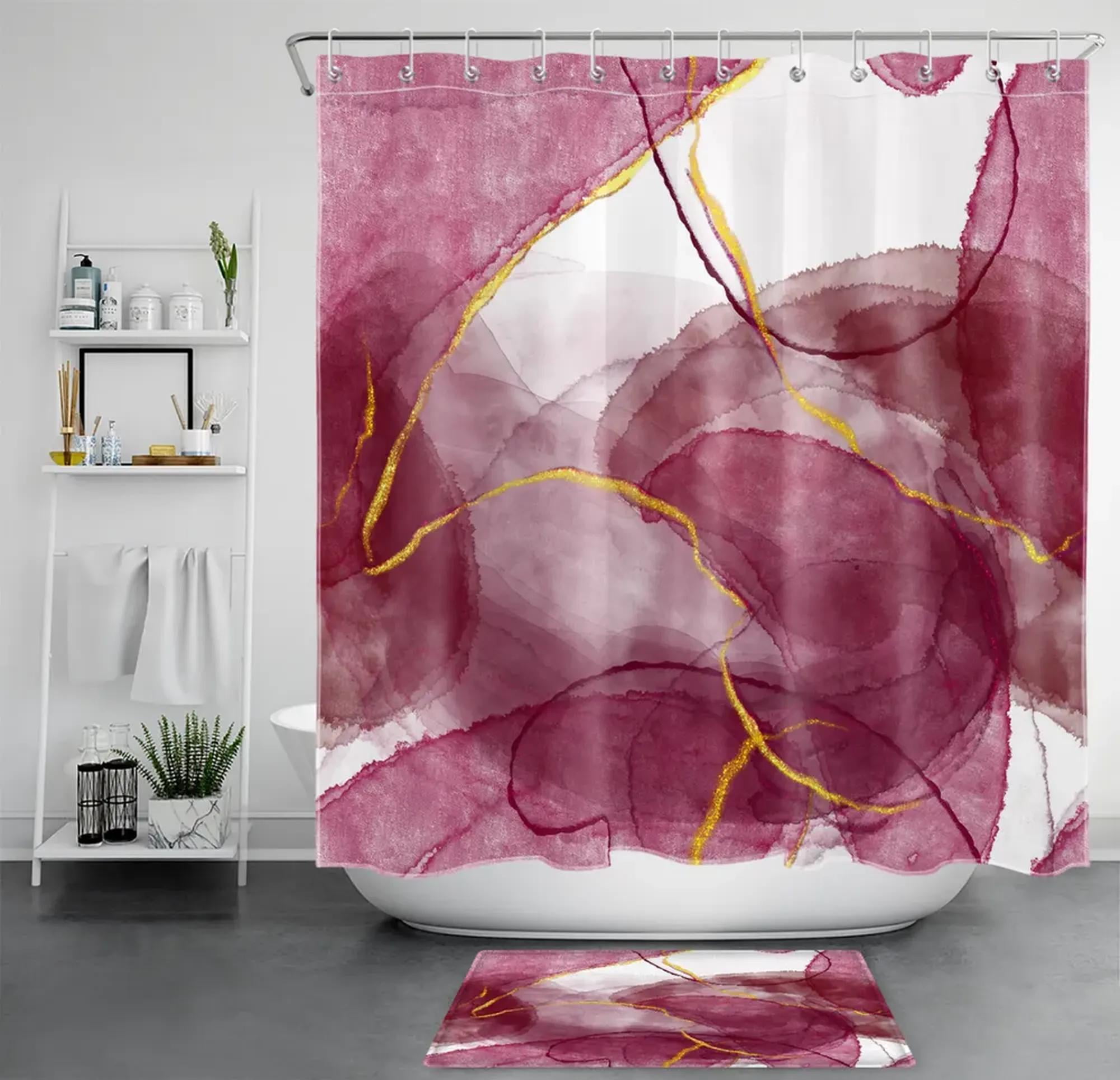 Opulent Elegance Pink Marble Shower Curtain with Gold Stripes
