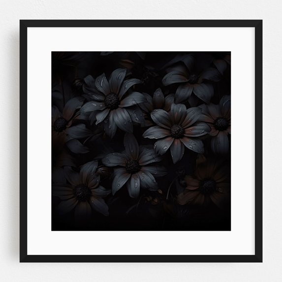 Opulent Flower Reverie Dark Mood - Painting Floral Flowers Nature Botanical Black Framed Wall Art Print 12 x 12 inches