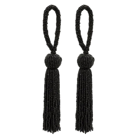 Opulent Handcrafted Beaded 4 1/2" (11cm) Key Tassel, 2 1/2" (6cm) Loop with Elaborately Hand-Strung Seed Bead Design # KTB450,, Pure Black #K9 (Jet Black) Set of 2