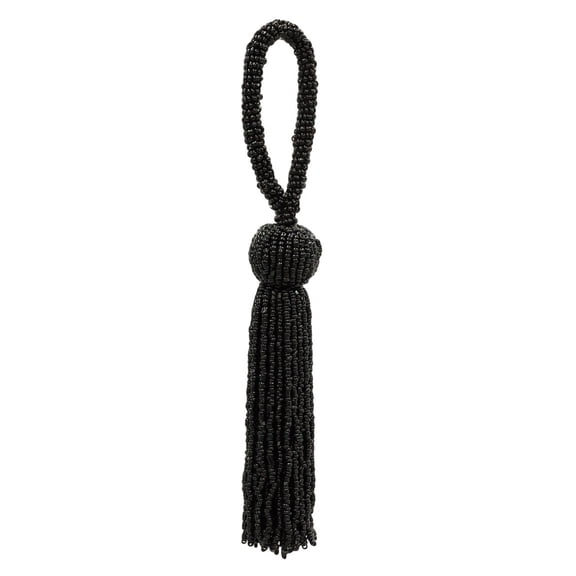 Opulent Handcrafted Beaded 4 1/2" (11cm) Key Tassel, 2 1/2" (6cm) Loop with Elaborately Hand-Strung Seed Bead Design (Style# KTB450), Pure Black #K9 (Jet Black) Set of 10