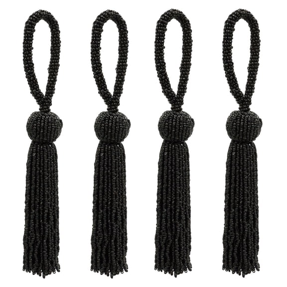 Opulent Handcrafted Beaded 4 1/2" (11cm) Key Tassel, 2 1/2" (6cm) Loop with Elaborately Hand-Strung Seed Bead Design # KTB450,, Pure Black #K9 (Jet Black) Set of 4