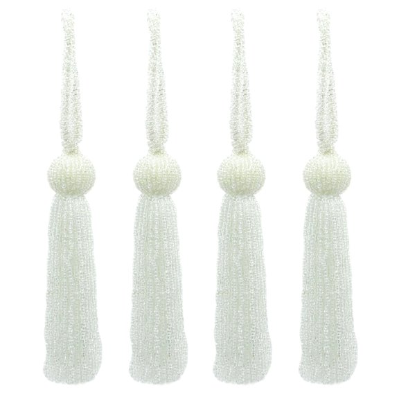 Opulent Handcrafted Beaded 4 1/2" (11cm) Key Tassel, 2 1/2" (6cm) Loop with Elaborately Hand-Strung Seed Bead Design # KTB450,, Pure White #008 (Bright White) Set of 4