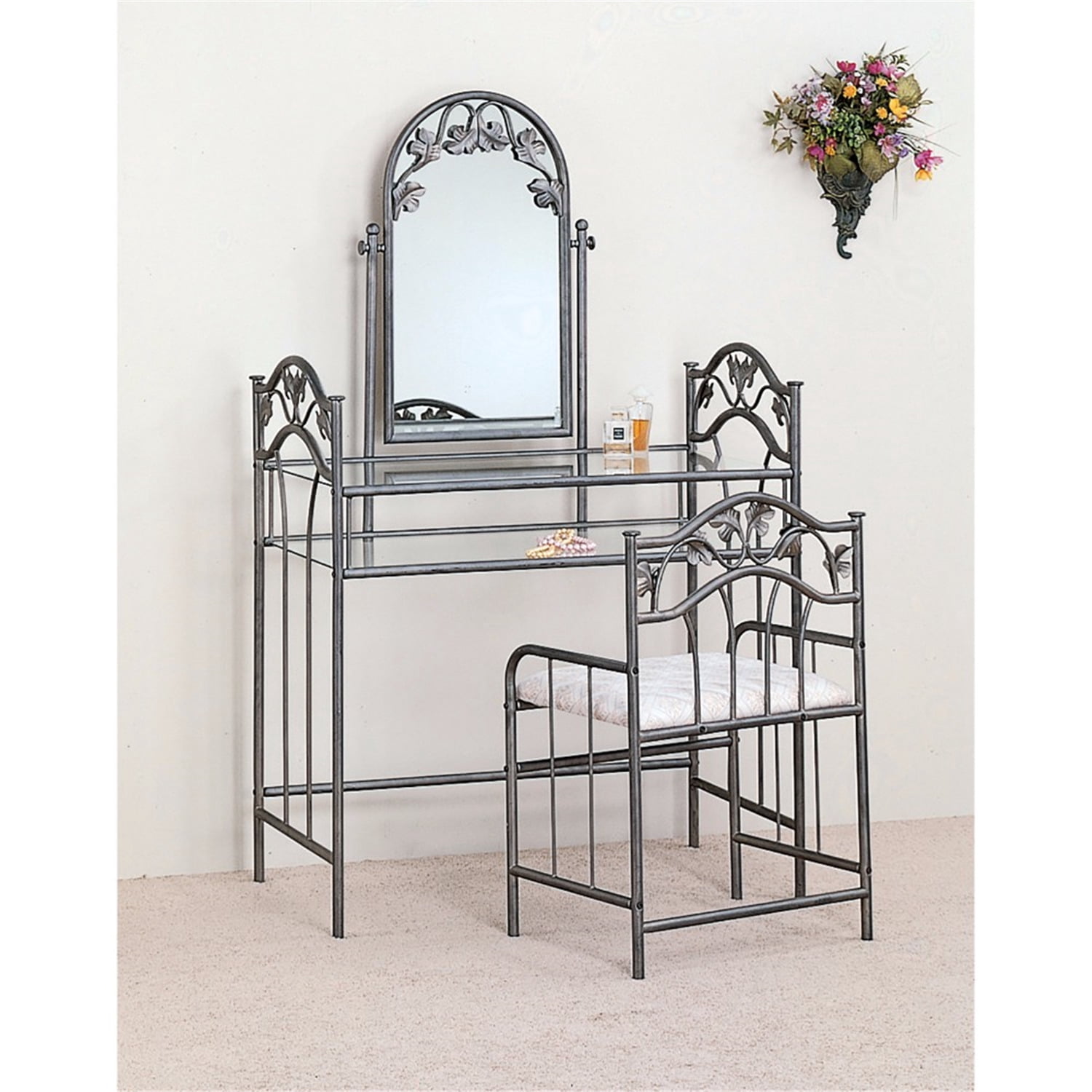 Opulent Metal Vanity Set With Fabric Upholstered Stool, Gray - Walmart.com