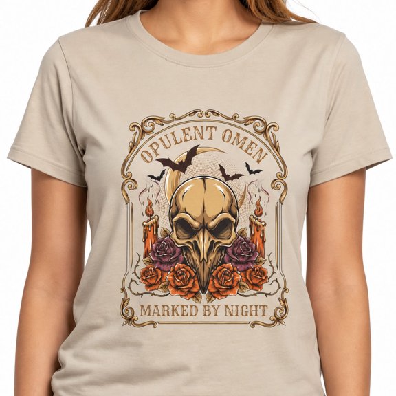 Opulent Omen Marked by Night Graphic T-Shirt, Gothic Skull Unisex Tee, Size XL