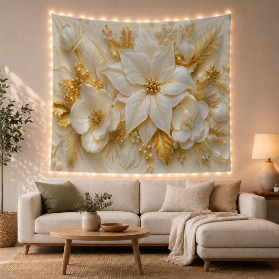Opulent White Floral Arrangement Against Cream Background, Majestic Maximalist for Luxury Decor Lovers, Botanical Art Print, Housewarming Gift, Tapestry Wall Hanging for Living Room and Bedroom