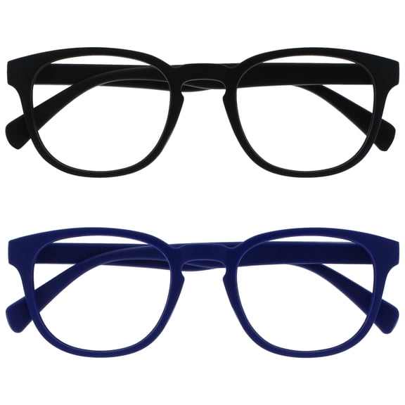 OPULIZE POP Reading Glasses 2 Pack - Fun Round Matte Frame - Black Blue - Spring Hinges, Scratch Resistant - Mens Womens - RR2-13 - +1.50