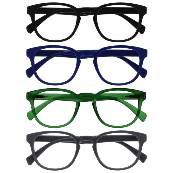 OPULIZE POP Reading Glasses 4 Pack - Fun Round Matte Frame - Black Blue Moss Green Gray - Spring Hinges, Scratch Resistant - Mens Womens - RRRR2-1367 - +3.50