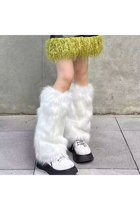 1 Pair Winter Calf Covers Faux Fur Fuzzy Anti-slip Solid Color Elastic Thickened Daily Wear Sports Outing Leg Warmers White 2