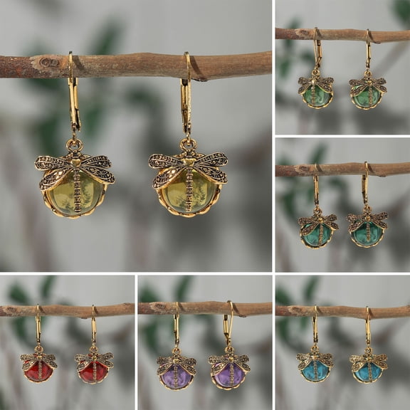 Opvise 1 Pair Women Dragonfly Decor Leverback Earrings Faux Crystal Drop Earrings Bohemia Dangle Earrings Jewelry Gift