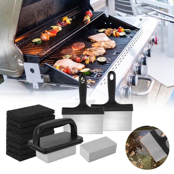 Opvise 1 Set BBQ Griddle Cleaning Tool Kit with Handle Scraper Scouring Pad Pumice Stone Brush Multifunctional Barbecue Flat Top Grill Cleaner Kit Sets