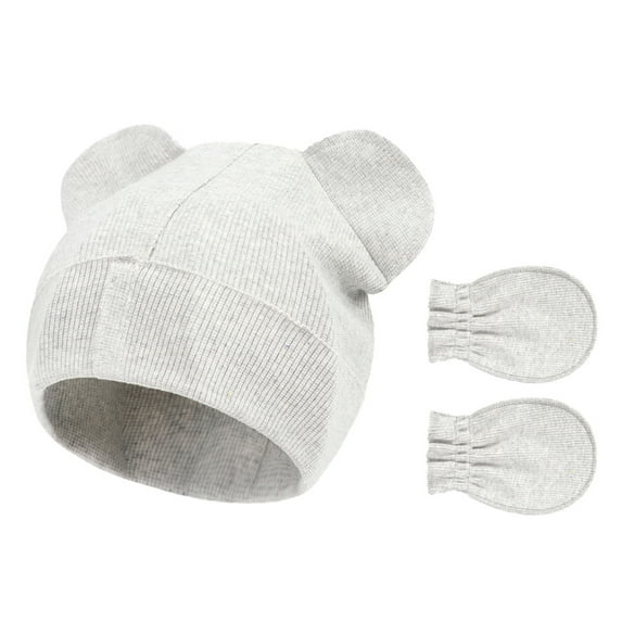 Opvise 1 Set Baby Hat Mittens Dual Ears Stretchy Thicker Soft Cozy Keep Warm Autumn Winter Infant Boys Girls Cap Gloves Grey