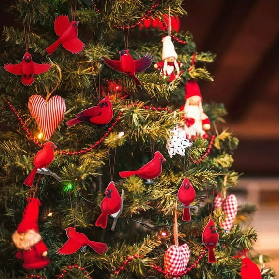 Opvise 10 Pcs Red Bird Ornaments Wood Red Birds Christmas Tree Hanging Decoration for Winter Holiday Home Decor