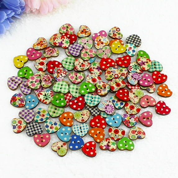 Opvise 100Pcs Multicolor Heart Shaped 2 Holes Wood Sewing Scrapbooking Buttons