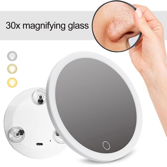 Opvise 10CM 30X Magnifying Mirror with Tweezers Portable Travel LED Makeup Mirror with 3 Suction Cups Rechargeable Dimmable Magnified Vanity Mirror