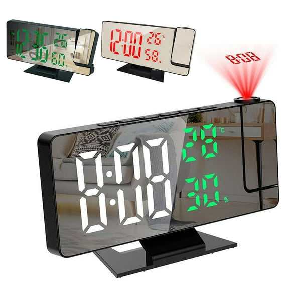 Opvise 180-Degree Adjustable Projection Alarm Clock with Indoor Temperature & Humidity Display, 7.8" Mirror LED Screen, Multi-Alarm, USB/Battery Powered, Compact Bedside Digital Clock