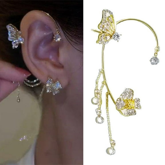 Opvise 1Pc Ear Cuff Fine Workmanship Temperament Rhinestone Inlay Geometric High Gloss Dress Up Luxury Butterfly Chain Ear Cuff Tassel Earring Jewelry Accessories