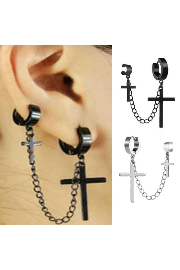 1Pc Punk Hip Hop Metal Chain Ear Cuff Creative Cross Tassel Men Earring Jewelry Accessories