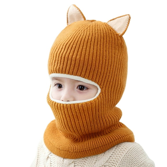 Opvise 2-5 Years Fox Ear Decor Brimless Eyes Exposed Baby Hat Children Autumn Winter Thickened Plush Lining Scarf Hat Costume Accessories for Winter Pink