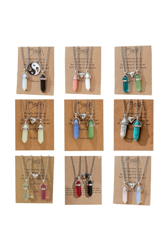 2Pcs Adjustable Extension Chain Faux Crystal Couple Necklaces Magnetic Heart Hexagonal Stone Pendant Necklace Jewelry Accessories