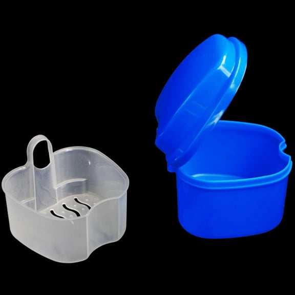 Opvise 2Pcs Denture Box Hanging Inner Net Dust-proof Lid Drain Design Harmless Storage Mini Style Health Oral Care Denture Case Travel Accessory Light Blue