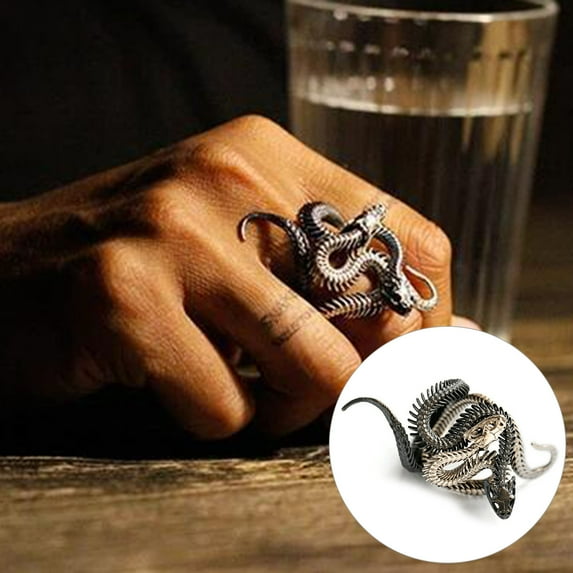 Opvise 2Pcs Exaggerated Punk Wrapped Rings Copper Bronze Color Snake Shape Men Adjustable Rings for Cocktail Party