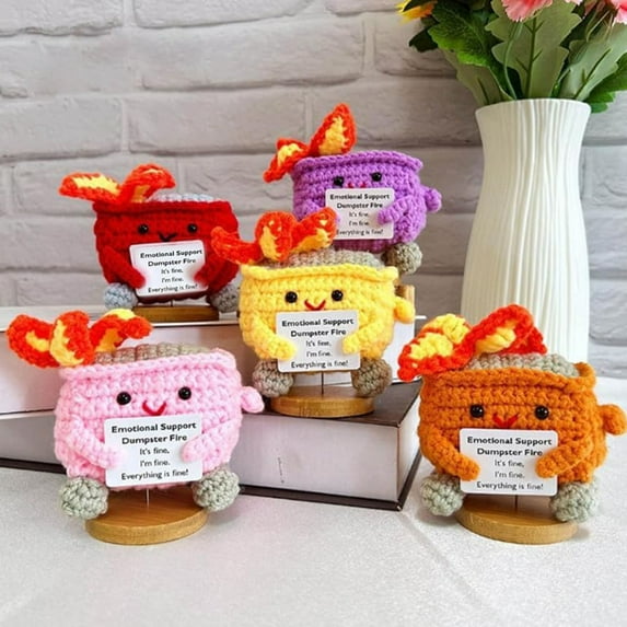 Opvise 2Pcs Positive Crochet Flame Dumpster with Encouraging Card Emotional Support Handmade Knitting Trash Can Doll Decoration Ornament
