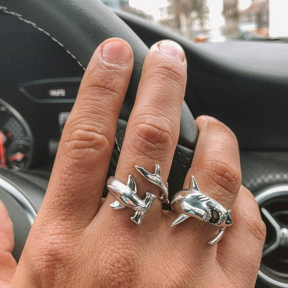 Opvise 2Pcs/Set Vintage Adjustable Alloy Shark Open Rings Unisex Party Jewelry Gift