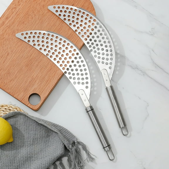 Opvise 304 Stainless Steel Pot Strainer with Extended Handle - Crescent Shape Draining Basket for Pasta, Vegetables & Liquids | Eco-Friendly Reusable Kitchen Tool for Home & Commercial Use