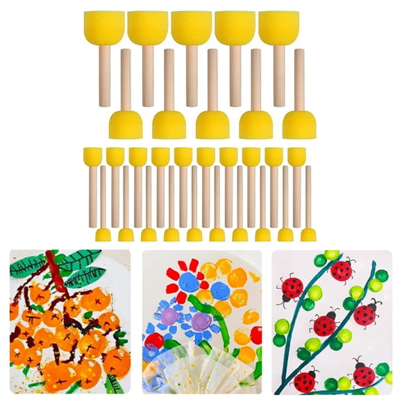 Opvise 30Pcs Sponge Brush Reusable Round Painting Sponge Brushes with Wooden Handle Durable Painting Tool for Arts