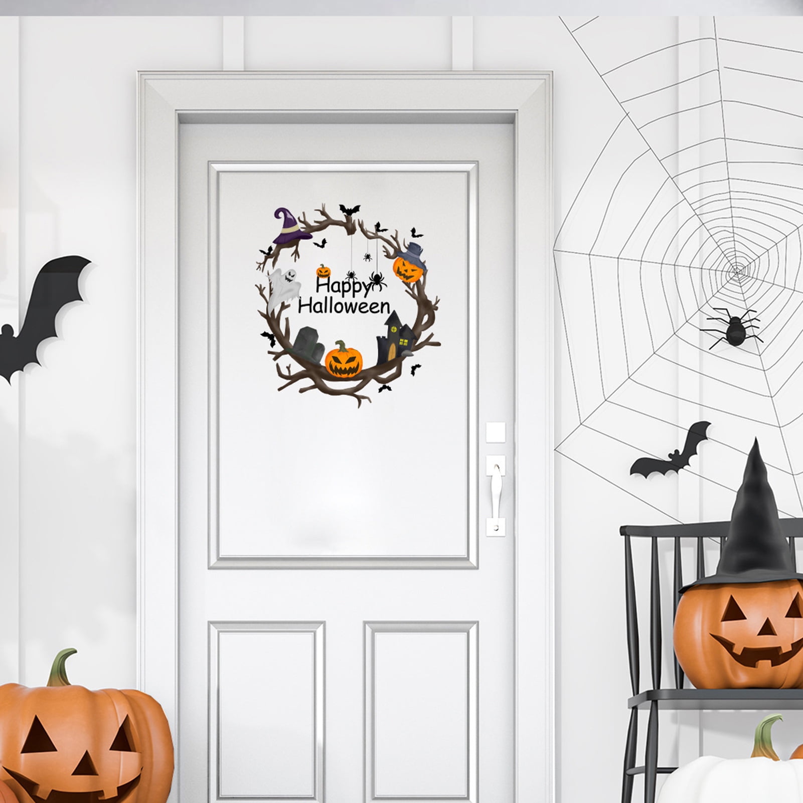 Opvise 3D Halloween Wall Sticker Removable Halloween Wall Decal Pumpkins Bat Ghost Haunted House