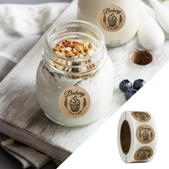 Opvise 500Pcs/Roll Labels Stickers Handmade Bakery Print Self-adhesive Round Baking Package Kraft Paper Cookie Box Seal Labels Stationery Stickers 2.5cm