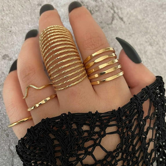 Opvise 5Pcs Women Knuckle Rings Multi Circles Simple Adjustable Elasticity Finger Rings Jewelry Accessories