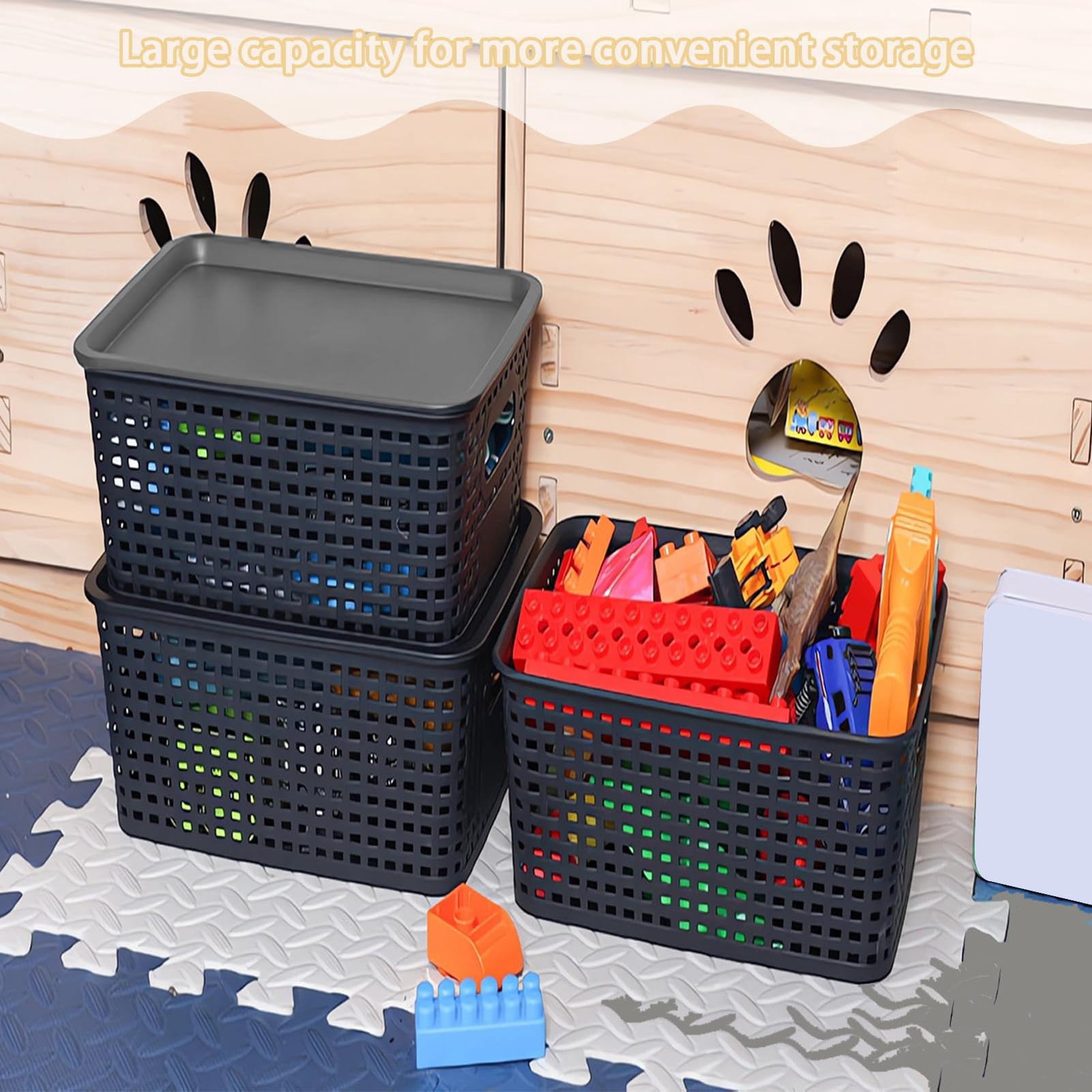 Storage Container Baskets Opvise 6Pcs Plastic Storage Baskets with Lid Handle Design Large ...