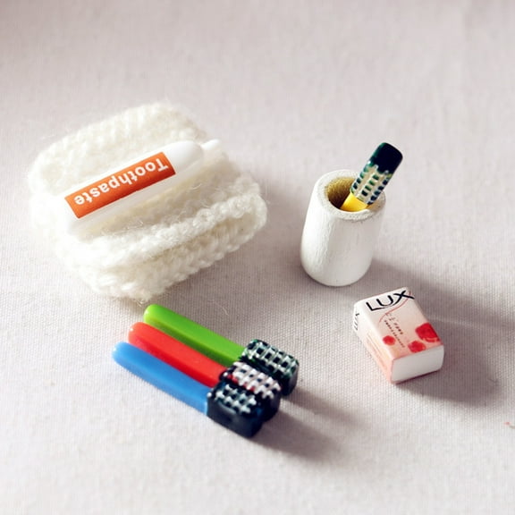 Opvise 6Pcs/Set Washing Supplies Miniature Creative Simulation Plastic Dollhouse Toothpaste Toothbrush Model for Entertainment 6 Pcs