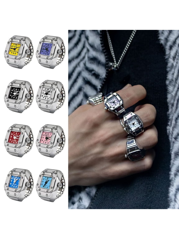 Alloy Ring Watch Elastic Stainless Steel Band Square Dial Men Women Couple Watch Finger Ring Birthday Gift Fashion Accessories