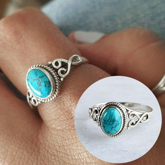 Opvise Antique Turquoise Natural Gemstone Bride Wedding Engagement Vintage Ring Gift