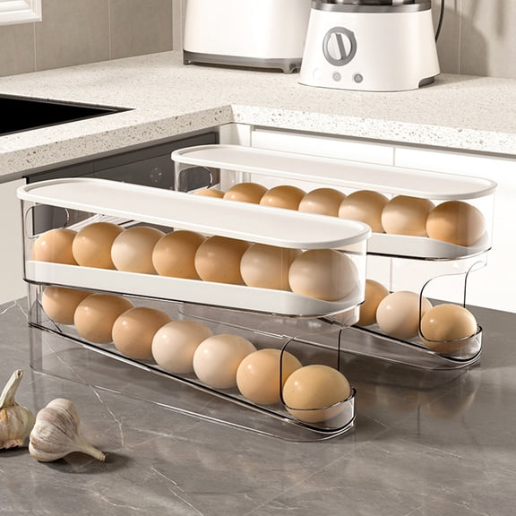 Opvise Automatic Rolling Egg Storage Box - High-Quality PP Material, Double-Layer Refrigerator Organizer with Gentle Slope Design, Space-Saving Kitchen & Office Fridge Rack for Secure Dispensing