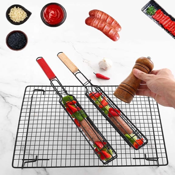 Opvise Barbecue Clip Stainless Steel with Lockable Grille Rust-Resistant Even Heat Distribution Mini Barbecue Tongs Red