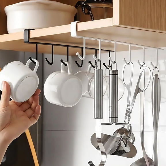 Opvise Under Cabinet Cup Holder with No Drill Installation, Heavy Duty Rust-Resistant Metal Hooks, Multi-Functional Organizer for Kitchen Storage, Bathroom, Closet, Office