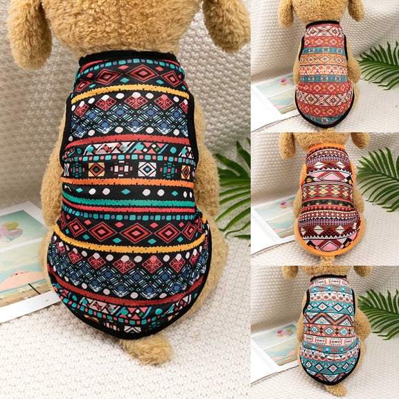 Opvise Cat Summer Vest Round Neck Ethnic Style Printing Comfortable Breathable Dress Up Sleeveless Vintage Pet Summer Clothes Pet Supplies Khaki