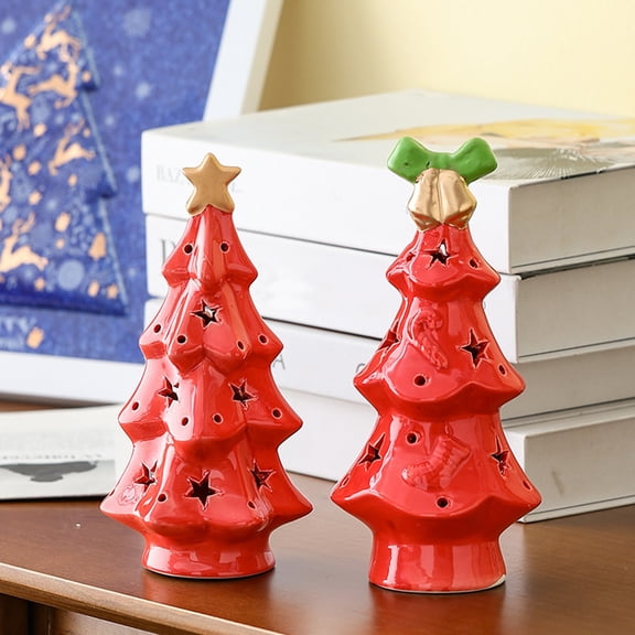 Opvise Ceramic Christmas Tree Night Light Glowing Decorative Lamp with Star Topper Xmas Tree Figurines for Holiday Home Decor