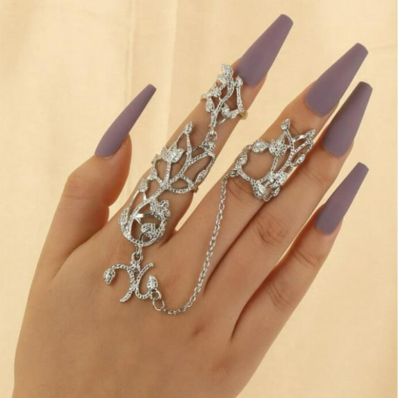 Opvise Chain Link Ring Anti-allergy Anti-oxidation Jewelry Full Rhinestone Retro Flower Link Ring for Gift