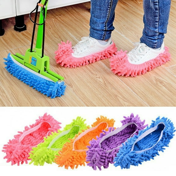 Opvise Chenille Lazy Shoe Covers - Reusable Dust Absorption Foot Mops, Wear-Resistant Slip-On Cleaning Slippers for Home, Portable Floor Cleaner (2 Pairs)