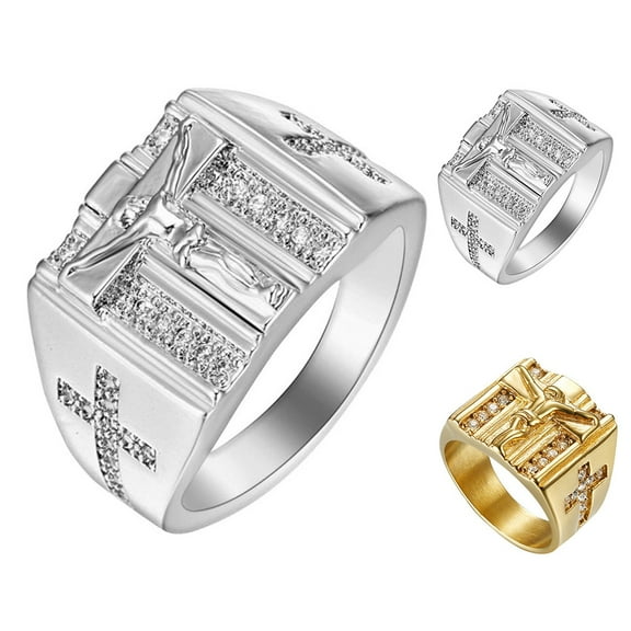 Opvise Chic Jesus Cross Carved Cubic Zirconia Inlaid Ring Unisex Wedding Jewelry Gift